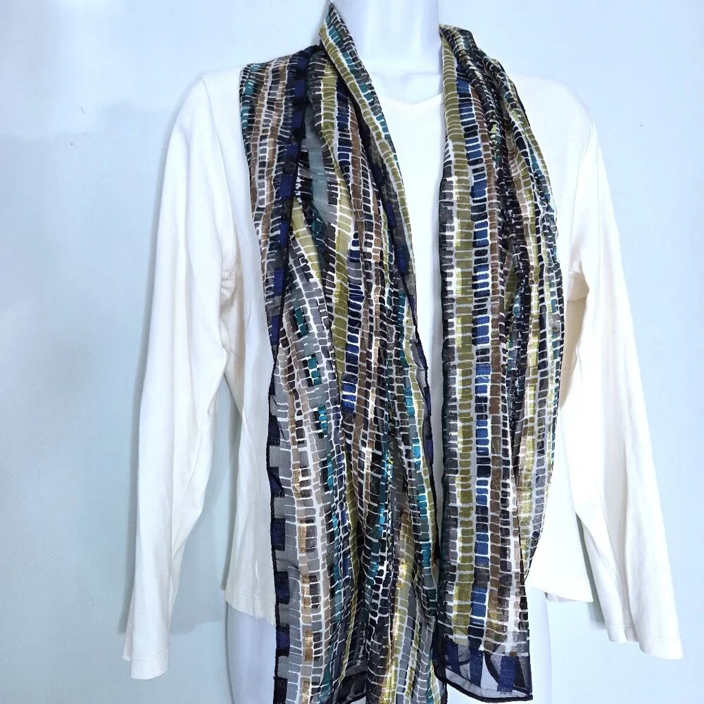 NWOT Chiffon Blue Green Gold Metallic Accent Scarf